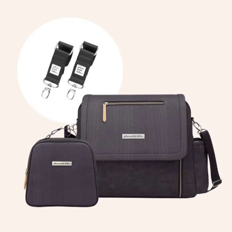 Boxy Backpack Deluxe in Carbon Cable Stitch, Tandem Tote & Stroller Clips Bundle