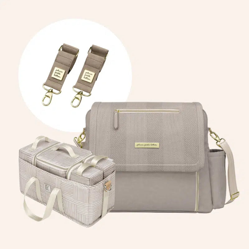 Boxy Backpack Deluxe in Sand Cable Stitch, Deluxe Kit & Stroller Clips Bundle