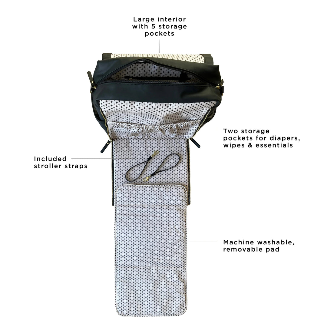large 5 interior with 5 storage pockets. included stroller straps, two storage pockets for diapers, wipes & essentials, machine washable, removable pad