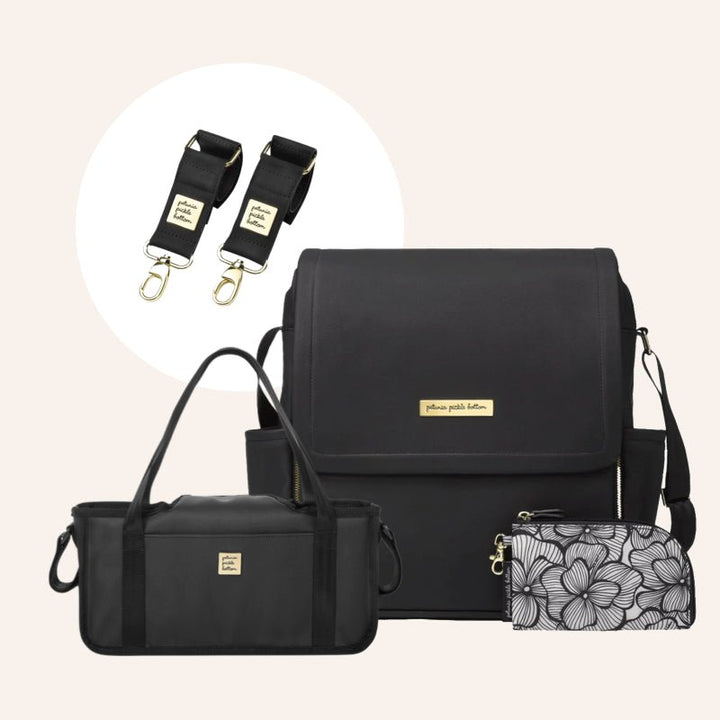 Boxy Backpack in Black Matte Leatherette, Wander Stroller Caddy & Stroller Clips Bundle