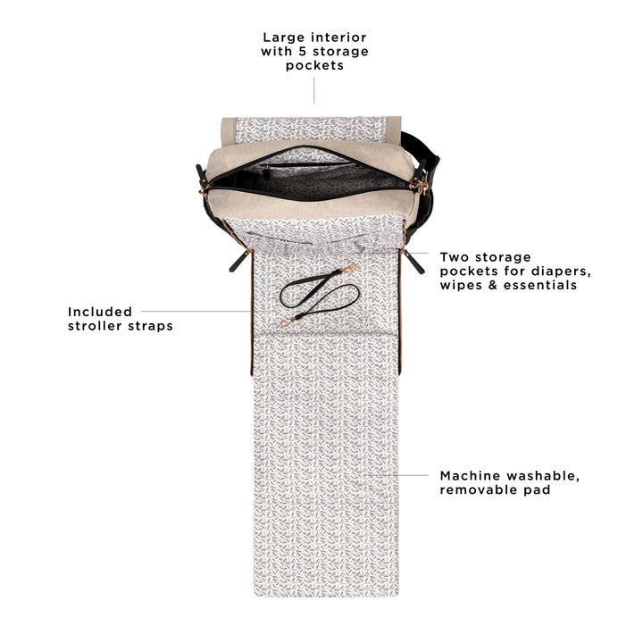 boxy backpack in sand/black with front flap and diaper changing pad open. large interior with 6 storage pockets. included stroller straps. two storage pockets for diapers, wipes and essentials. machine washable, removable pad