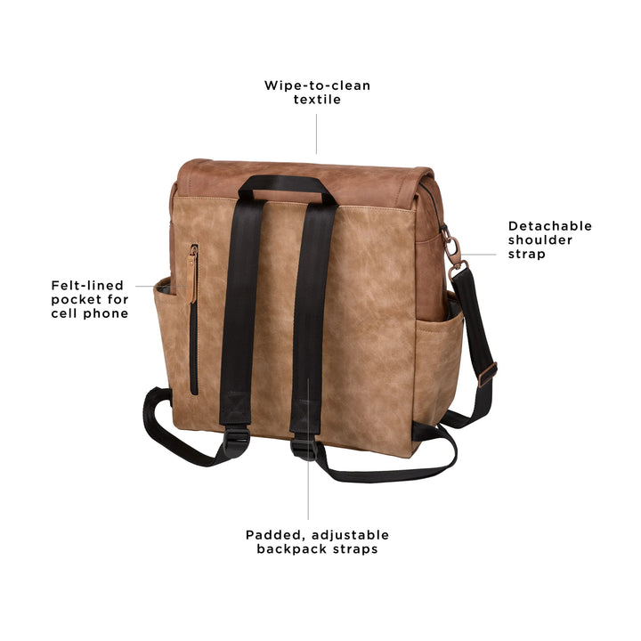 boxy backpack in brioche. wipe-to-clean textile. adjustable long strap for crossbody or shoulder carry. felt-lined pocket for cell phone. padded, adjustable backpack straps