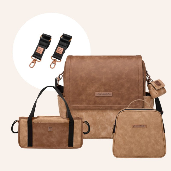 brioche boxy bundle. this bundle consists of boxy backpack, tandem tote, and wander caddy in brioche along with the valet stroller clips in antique copper