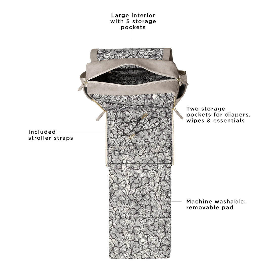 boxy backpack in grey matte leatherette with front flap and diaper changing pad open. large interior with 6 storage pockets. included stroller straps. two storage pockets for diapers, wipes and essentials. machine washable, removable pad