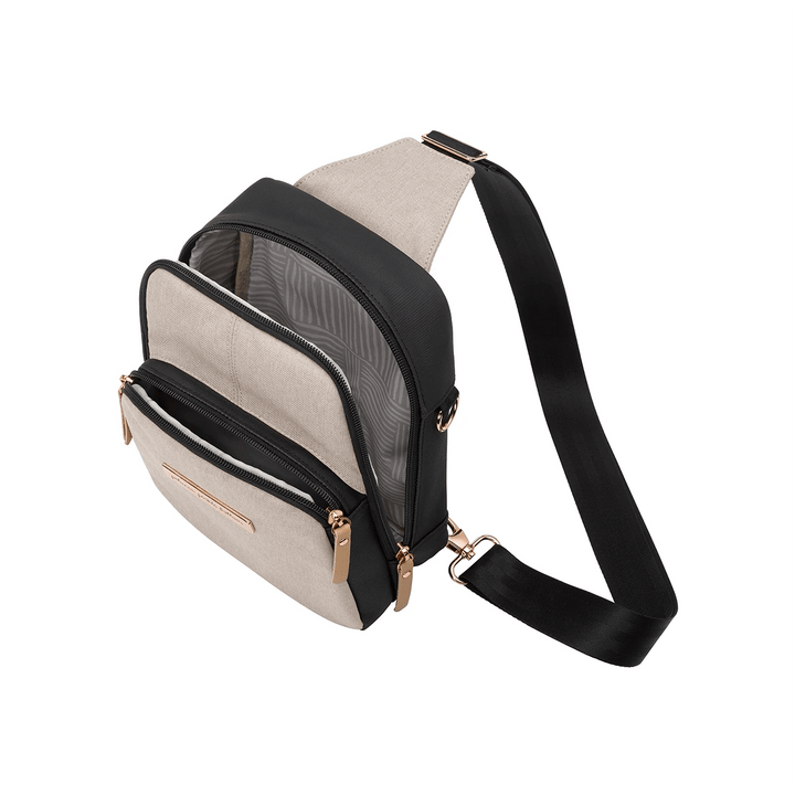 criss-cross sling in black/sand