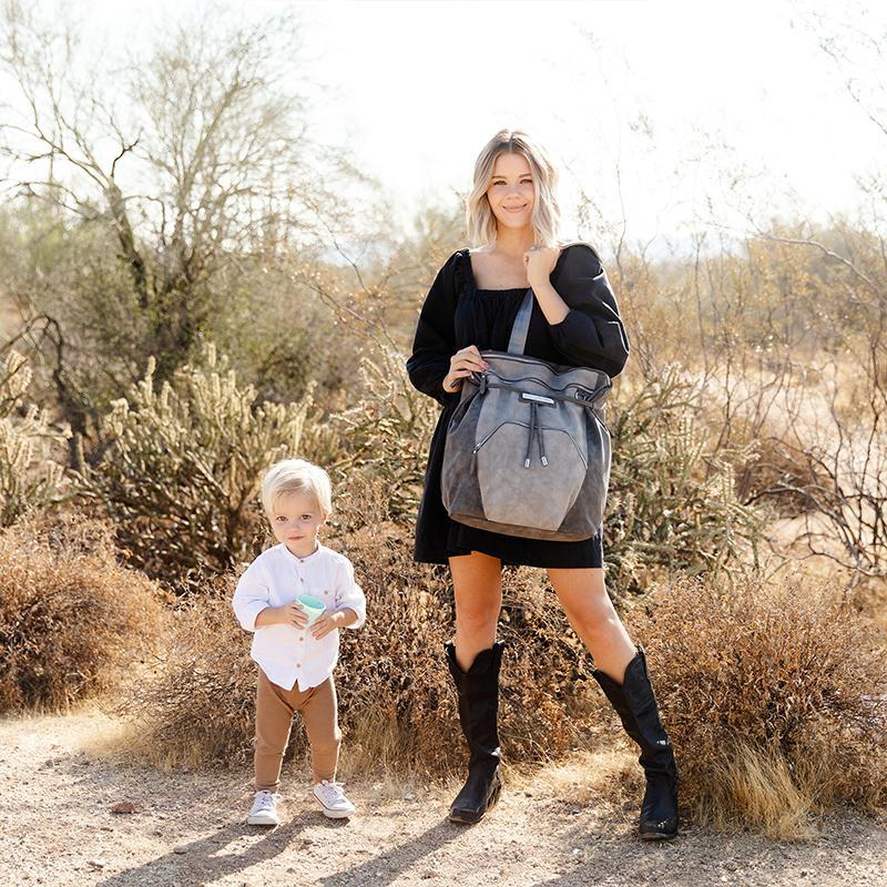 Cinch Backpack in Pewter, Max Pixel, and Stroller Clip Bundle-Diaper Bags-Petunia Pickle Bottom