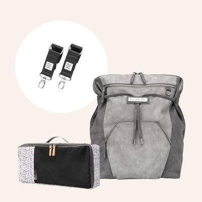 Cinch Backpack in Pewter, Max Pixel, and Stroller Clip Bundle-Diaper Bags-Petunia Pickle Bottom