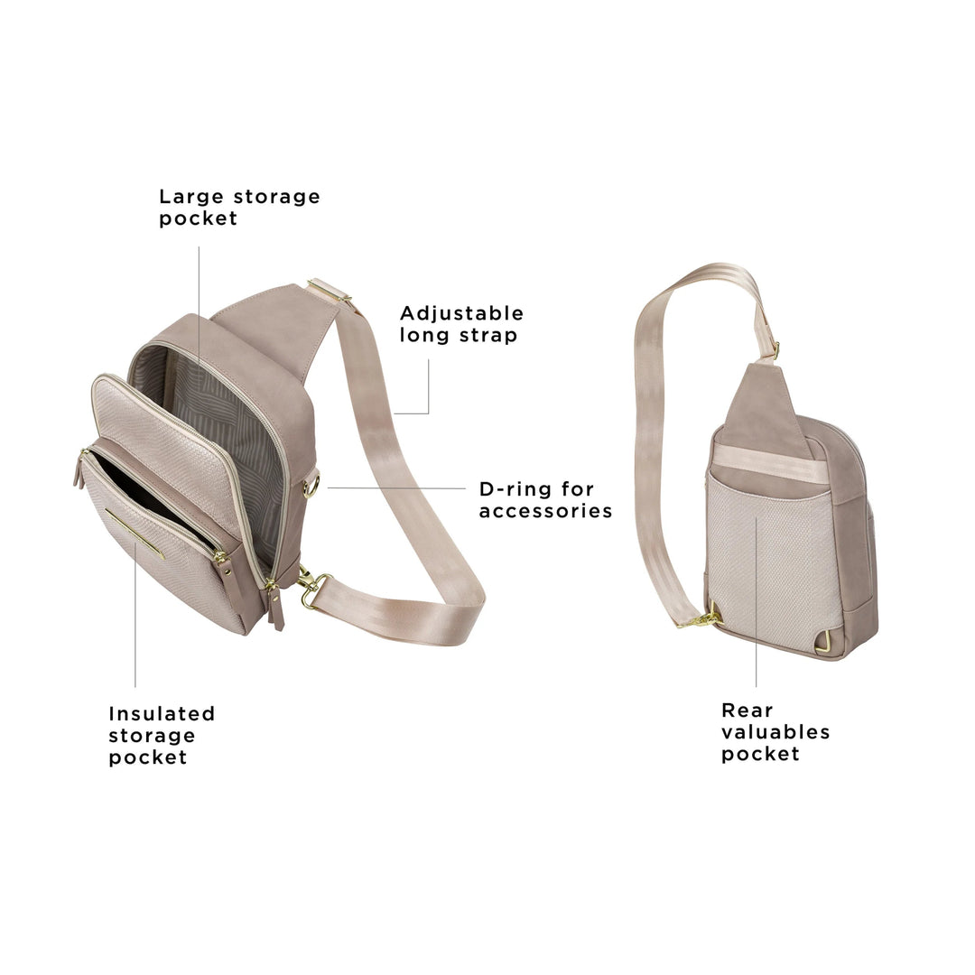 the criss-cross sling has a large storage pocket, adjustable long strap, insulated storage pocket, d-ring for accessories, and rear valuables pocket