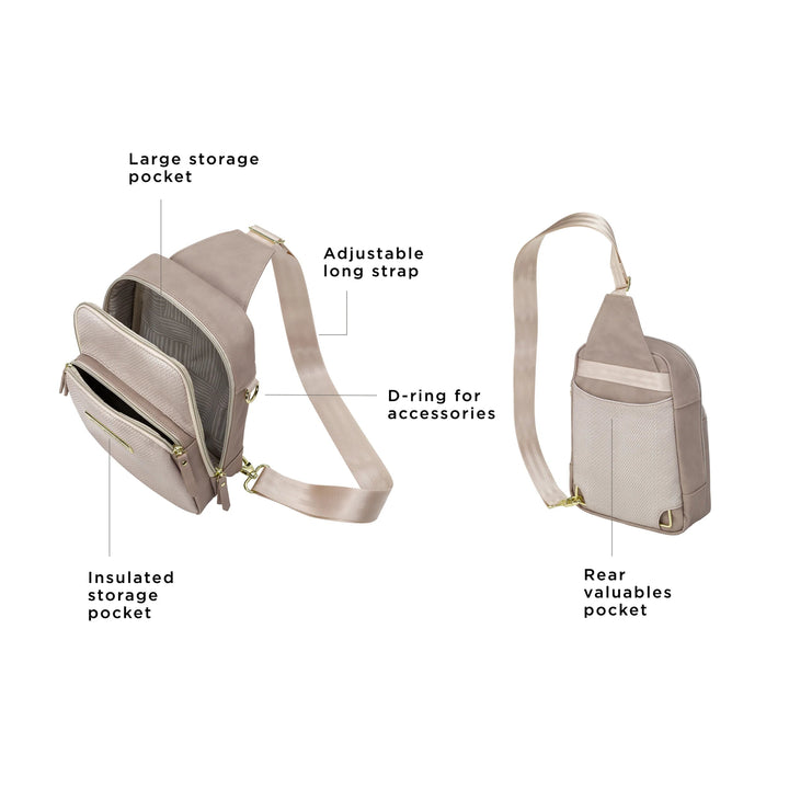 the criss-cross sling has a large storage pocket, adjustable long strap, insulated storage pocket, d-ring for accessories, and rear valuables pocket