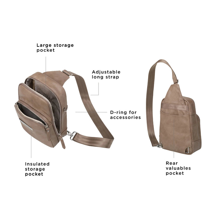 the criss-cross sling has a large storage pocket, adjustable long strap, insulated storage pocket, d-ring for accessories, and rear valuables pocket