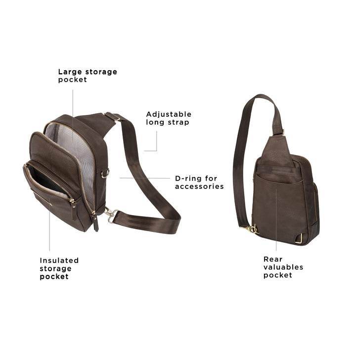 the criss-cross sling has a large storage pocket, adjustable long strap, insulated storage pocket, d-ring for accessories, and rear valuables pocket