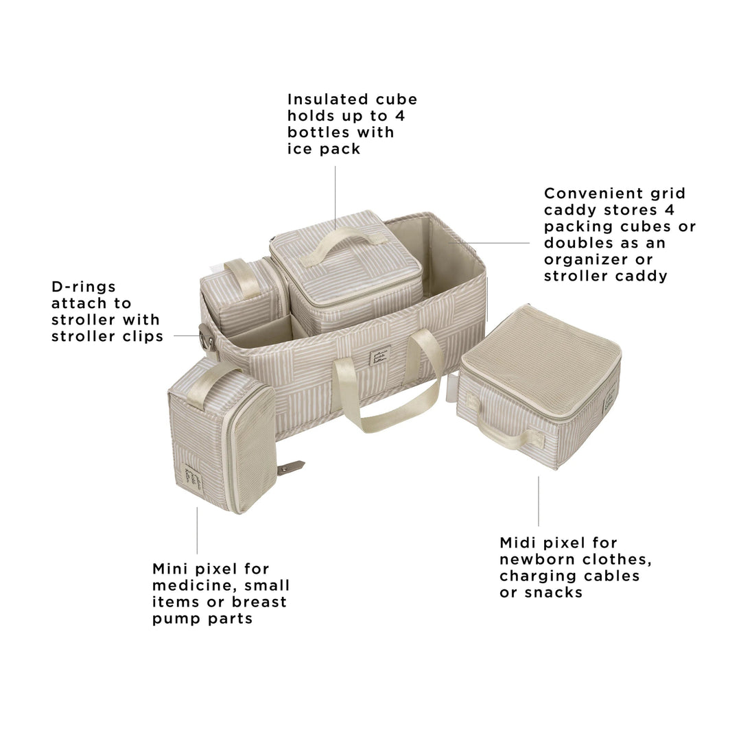 inter-mix deluxe kit - d-rings attach to stroller with stroller clips, mini pixel for medicine, small items or breast pump parts, insulated cube holds up to 4 bottles with ice pack, convenient grid caddy stores 4 packing cubes or doubles as an organizer or stroller caddy, midi pixel for newborn clothes, charging cables or snacks