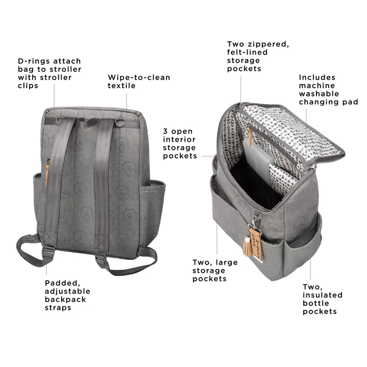 method backpack features: d-rings attach bag to stroller with stroller clips, wipe-to-clean textile, padded adjustable backpack straps. On the inside: two zippered felt-lined storage pockets, 3 open interior storage pockets, includes machines washable changing pad, two large storage pockets, and two insulated bottle pockets