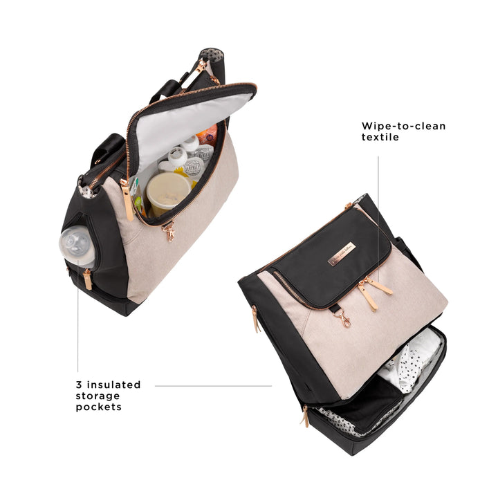Pivot Pack in Black/Sand. 3 insulated storage pockets. wipe-to-clean textile