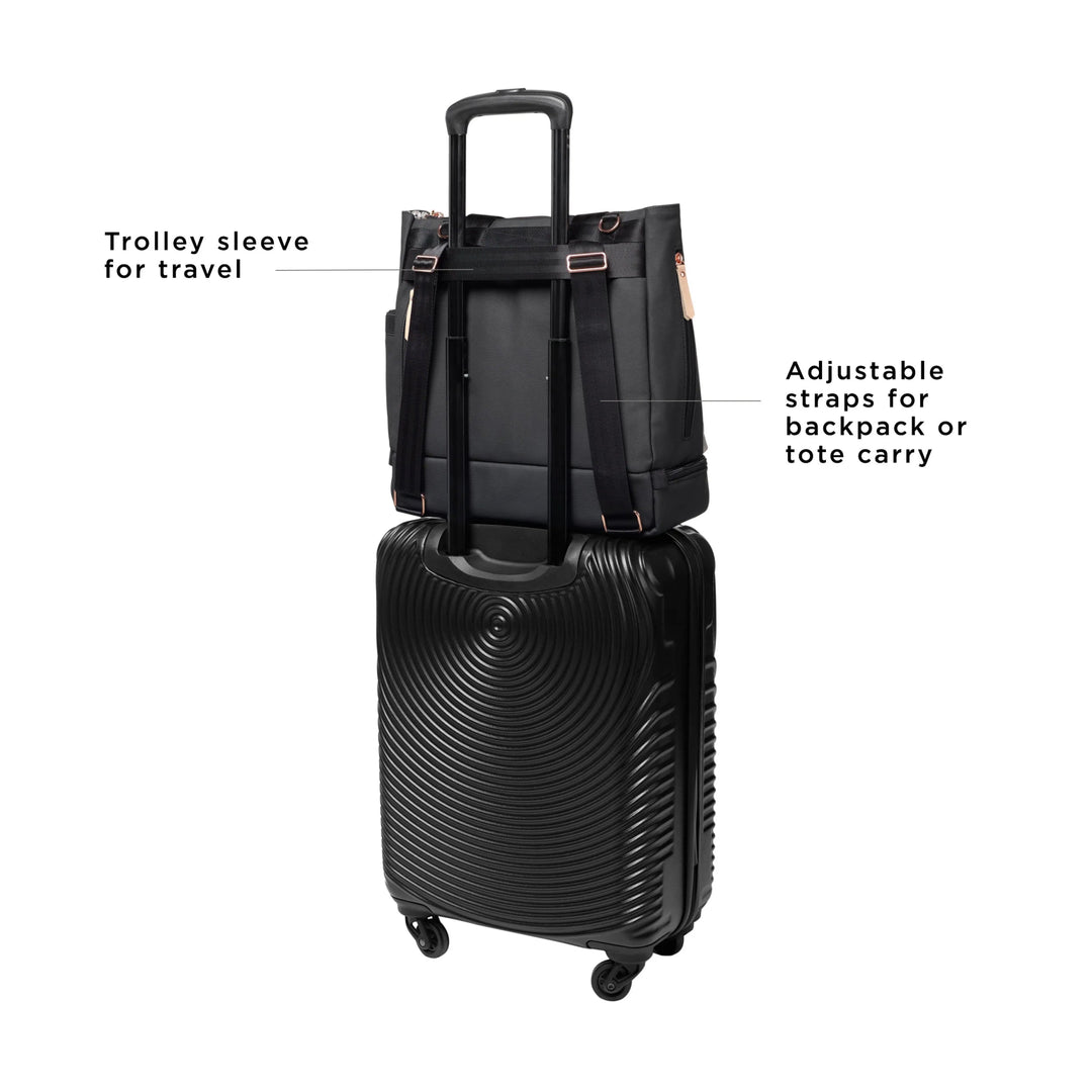 Pivot Pack in Black/Sand. trolley sleeve for travel. adjustable straps for backpack or tote carry