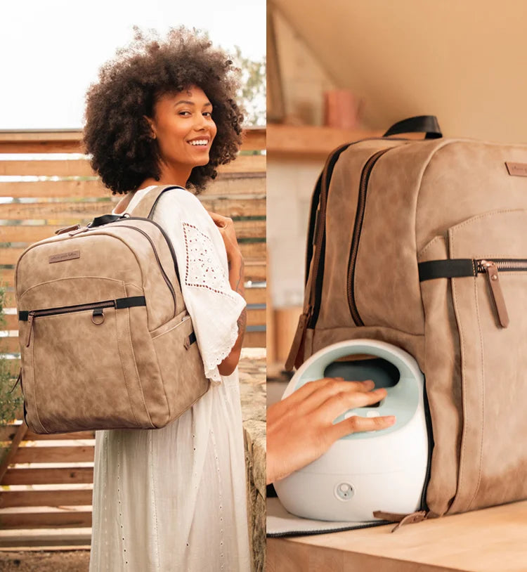 mom wearing the provisions backpack in brioche. the right image features breast pump fitting inside the provisions backpack