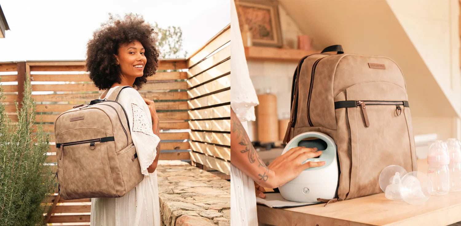 mom wearing the provisions backpack in brioche. the right image features breast pump fitting inside the provisions backpack