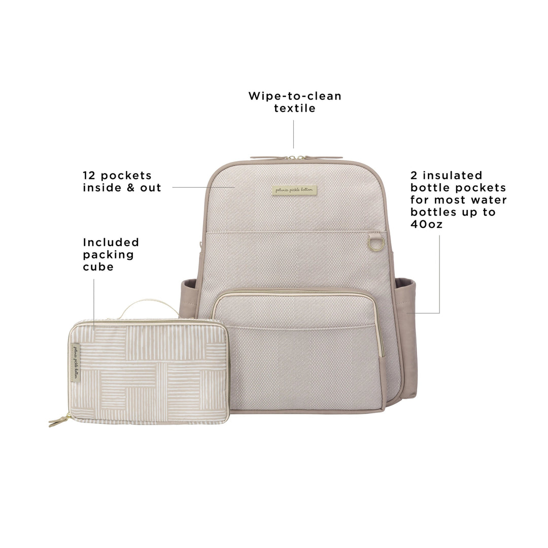 Sync Backpack features wipe-to-clean textile, 12 pockets inside and out, 2 insulated bottle pockets for water bottles up to 40oz, included packing cube