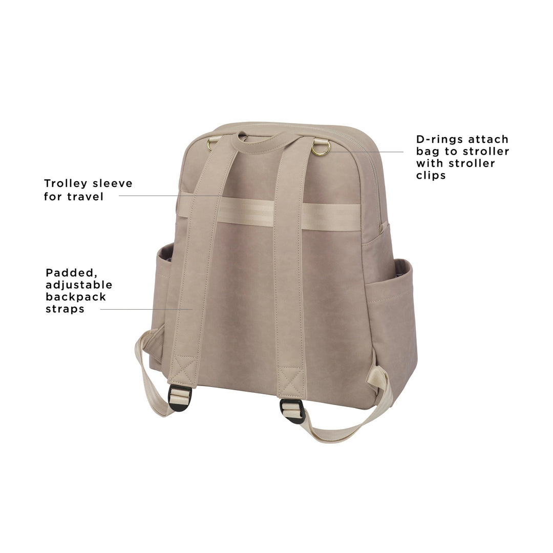 Sync Backpack rear features d-rings to attach bag to stroller with stroller clips, trolley sleeve for travel, padded, adjustable backpack straps