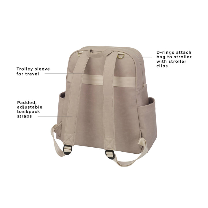 Sync Backpack rear features d-rings to attach bag to stroller with stroller clips, trolley sleeve for travel, padded, adjustable backpack straps