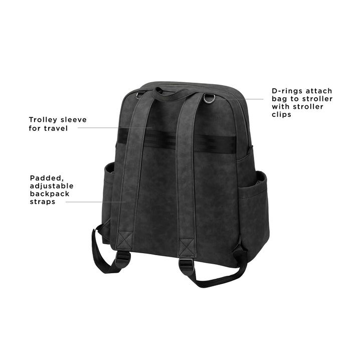 Sync Backpack rear features d-rings to attach bag to stroller with stroller clips, trolley sleeve for travel, padded, adjustable backpack straps