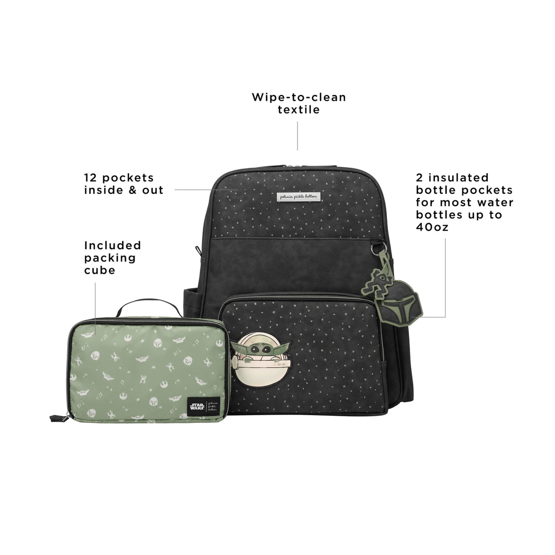 Sync Backpack features wipe-to-clean textile, 12 pockets inside and out, 2 insulated bottle pockets for water bottles up to 40oz, included packing cube