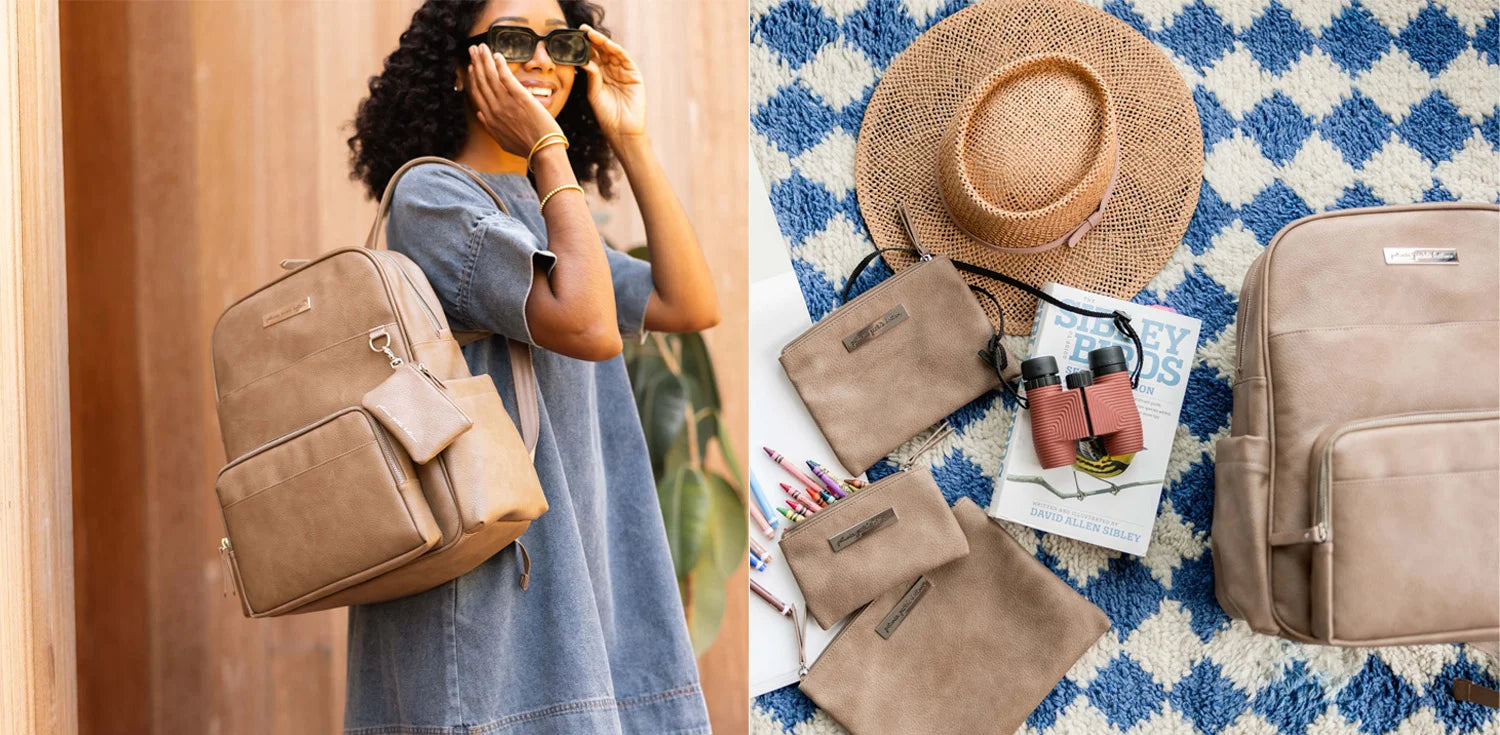 mom wearing sunglasses and also wearing the sync backpack in mink. the right image shows the organizer trio and the sync backpack in mink
