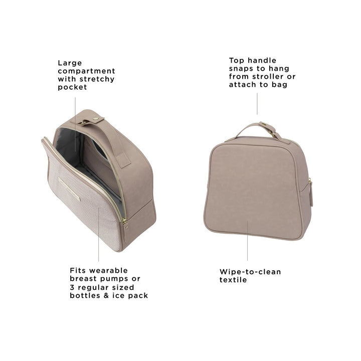 tandem bottle & lunch tote has a large compartment with stretchy pocket, fits wearable breast pumps or 3 regular sized bottles and ice pack, top handle snaps to hang from stroller or attach to bag, wipe-to-clean textile.