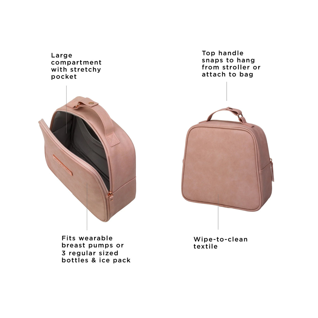 tandem bottle & lunch tote has a large compartment with stretchy pocket, fits wearable breast pumps or 3 regular sized bottles and ice pack, top handle snaps to hang from stroller or attach to bag, wipe-to-clean textile.