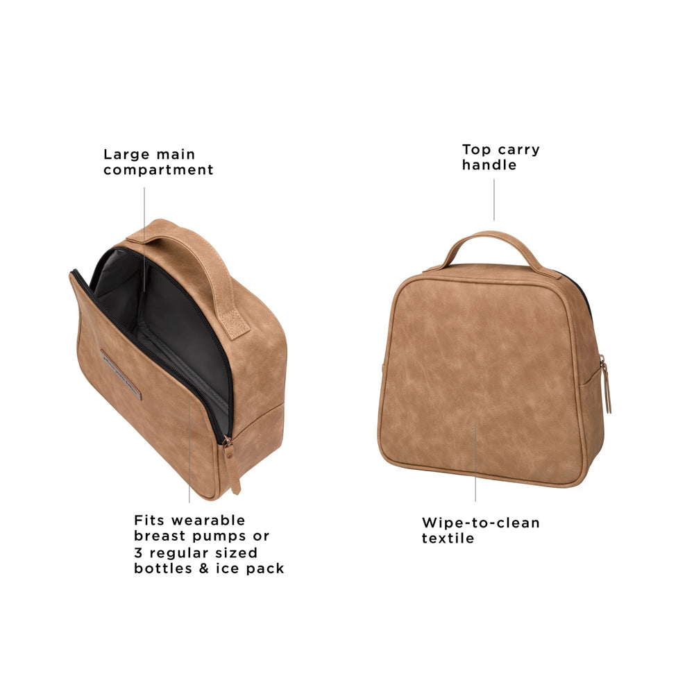 tandem bottle & lunch tote has a large main compartment, fits wearable breast pumps or 3 regular sized bottles and ice pack, top carry handle, wipe-to-clean textile.