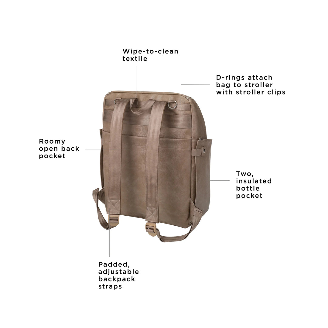 tempo backpack has a wipe to clean textile, roomy open back pocket, padded adjustable backpack straps, d rings attach bag to stroller with stroller clips, and two insulated bottle pocket