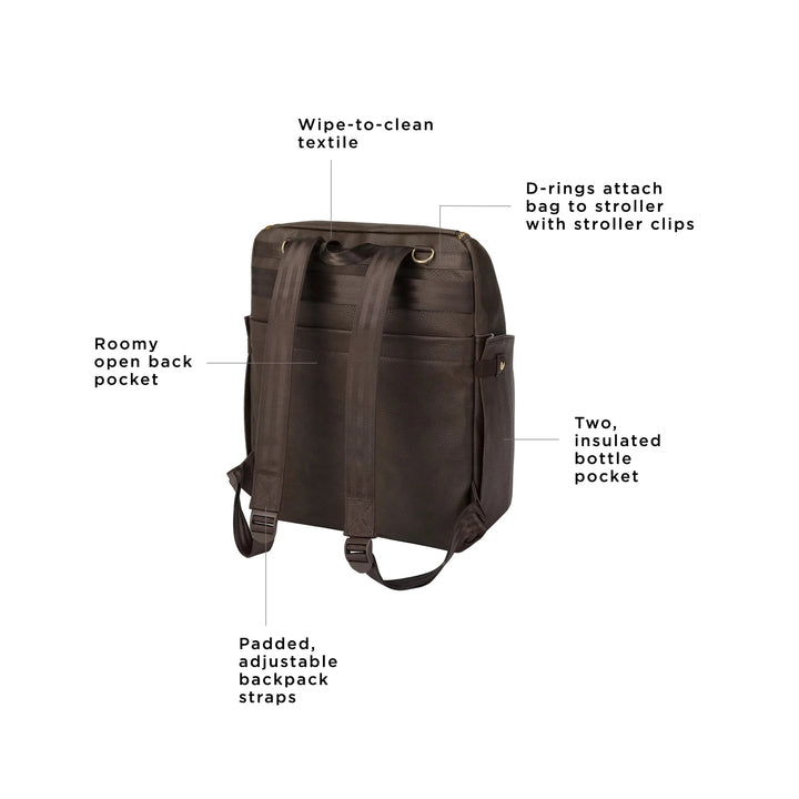 tempo backpack has a wipe to clean textile, roomy open back pocket, padded adjustable backpack straps, d rings attach bag to stroller with stroller clips, and two insulated bottle pocket