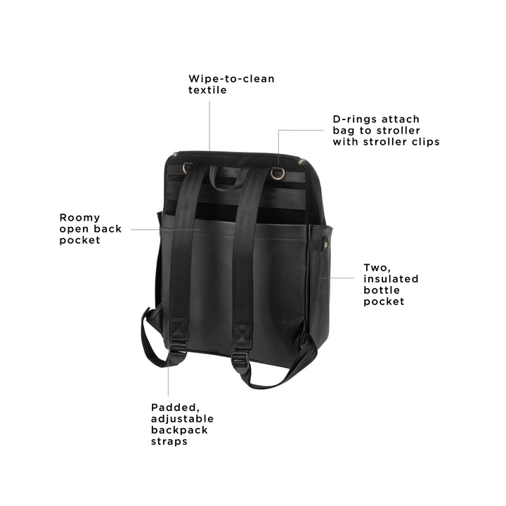 tempo backpack has a wipe to clean textile, roomy open back pocket, padded adjustable backpack straps, d rings attach bag to stroller with stroller clips, and two insulated bottle pocket
