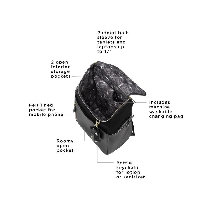 tempo backpack has a felt lined pocket for mobile phone, roomy open pocket, bottle keychain for lotion or sanitizer, includes machine washable changing pad, 2 interior storage pockets, and padded tech sleeve for tablets and laptops up to 17 inches