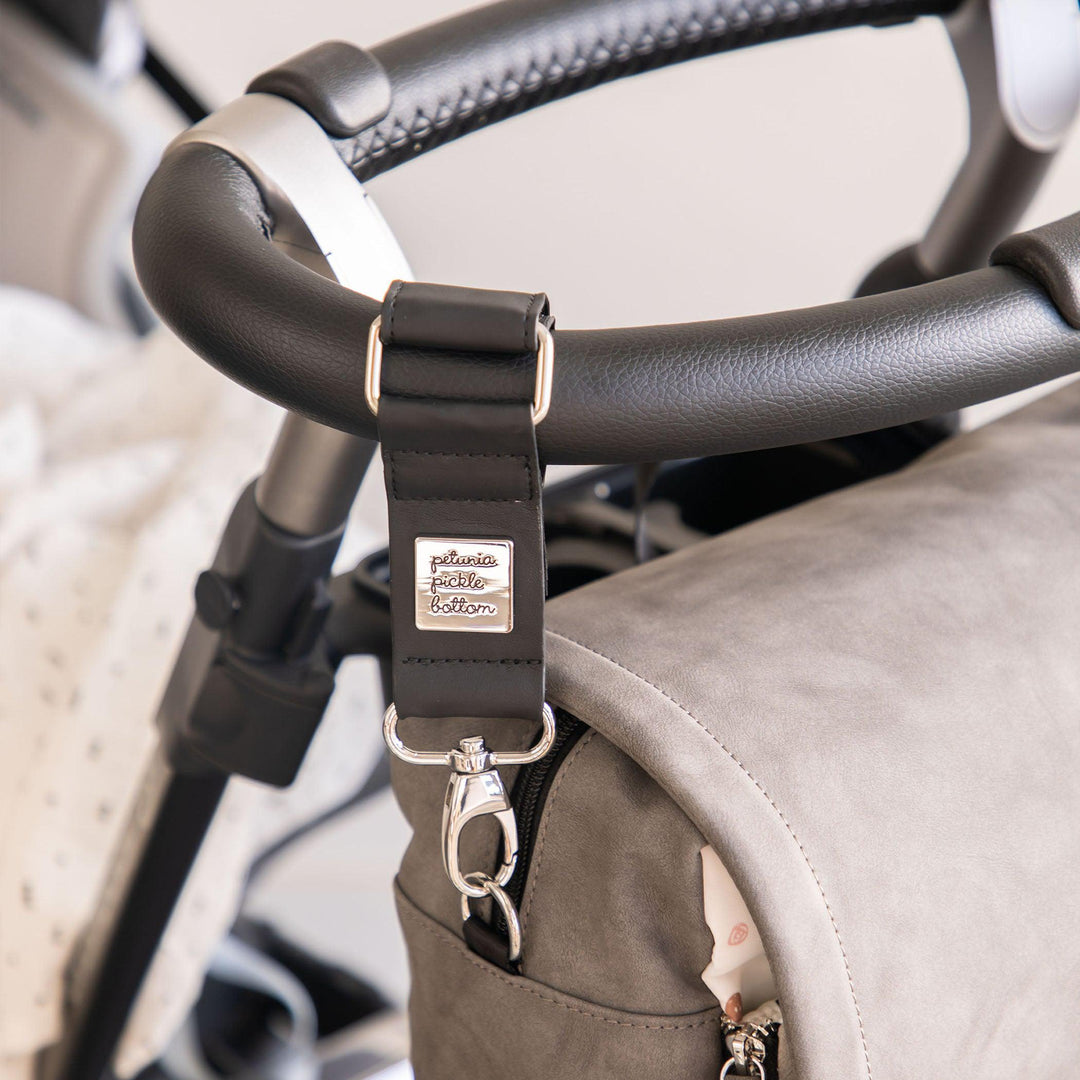 valet stroller clips in black leatherette in silver