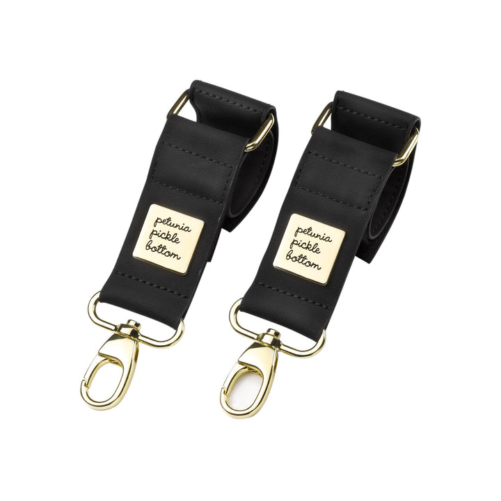 valet stroller clips in black matte leatherette in gold