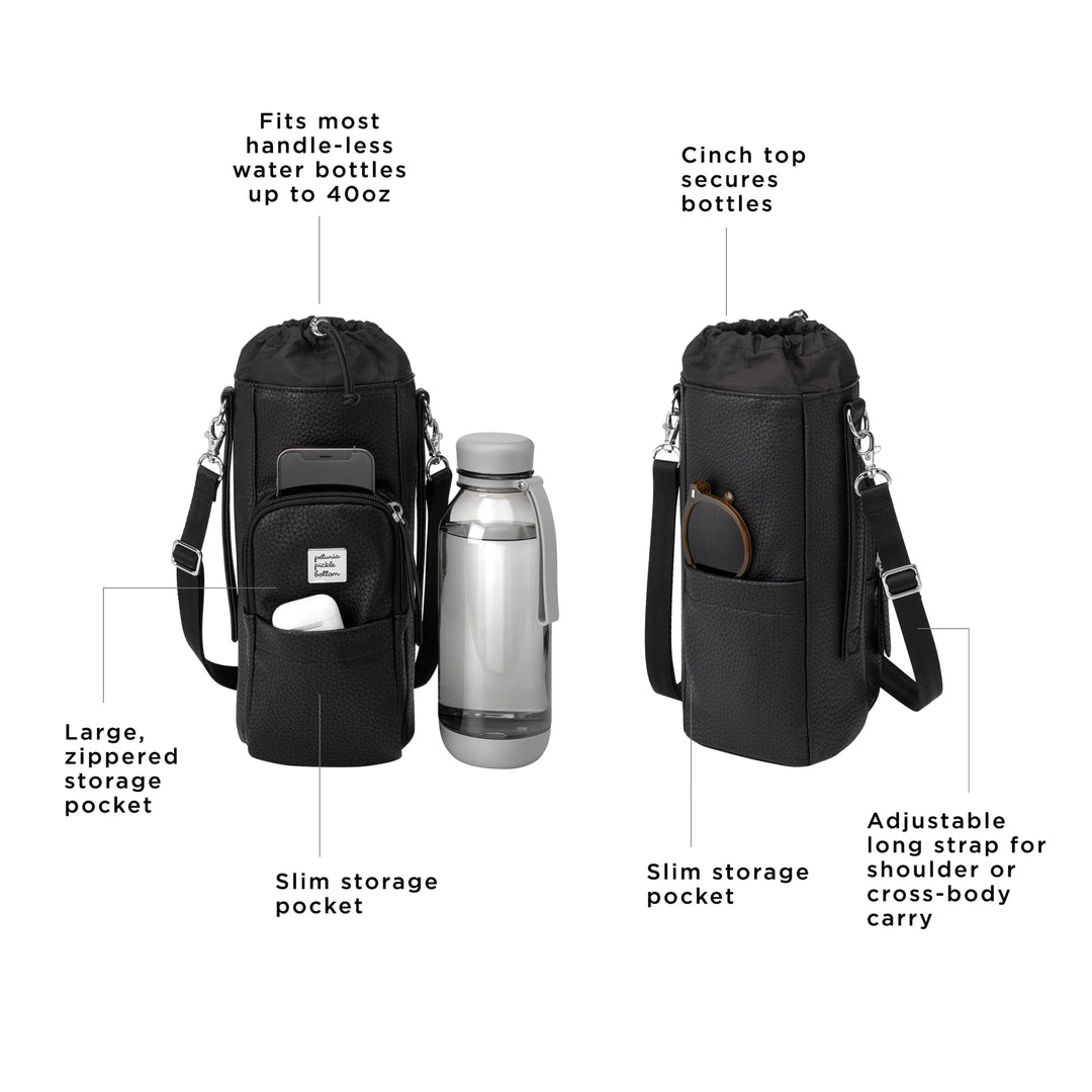 viva cross-body fits most handle-less water bottles up to 40oz, large, zippered storage pocket, slim storage pocket, cinch top secures bottles, slim storge pocket, adjustable long strap for shoulder or cross-body carry