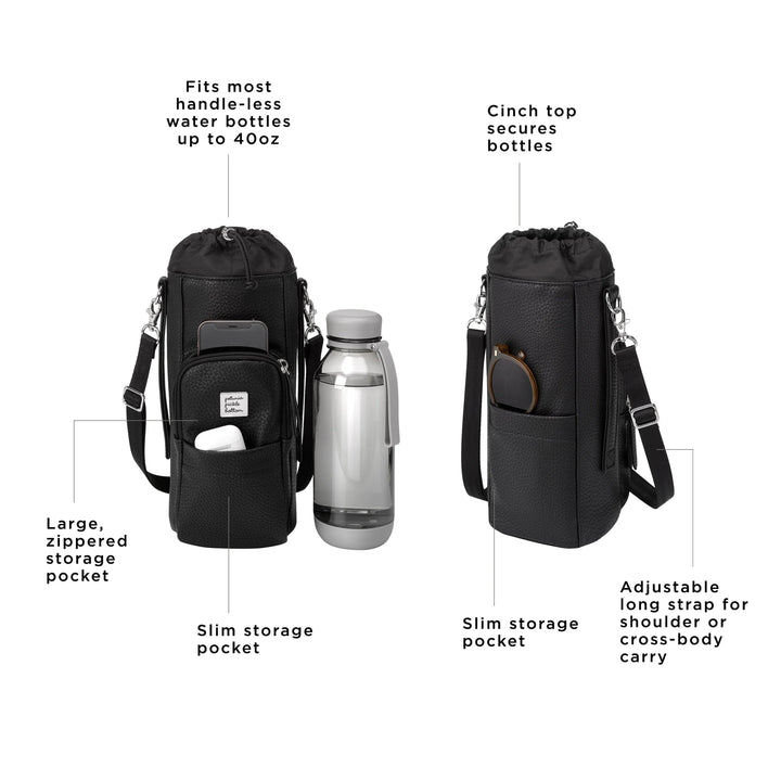 viva cross-body fits most handle-less water bottles up to 40oz, large, zippered storage pocket, slim storage pocket, cinch top secures bottles, slim storge pocket, adjustable long strap for shoulder or cross-body carry