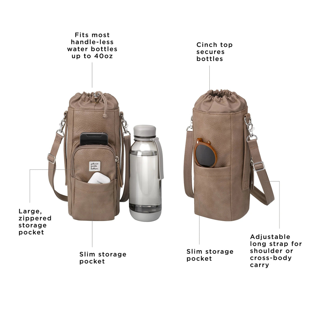 viva cross-body fits most handle-less water bottles up to 40oz, large, zippered storage pocket, slim storage pocket, cinch top secures bottles, slim storge pocket, adjustable long strap for shoulder or cross-body carry