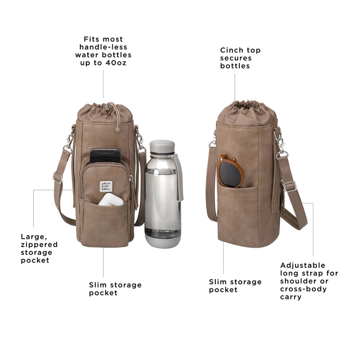 viva cross-body fits most handle-less water bottles up to 40oz, large, zippered storage pocket, slim storage pocket, cinch top secures bottles, slim storge pocket, adjustable long strap for shoulder or cross-body carry
