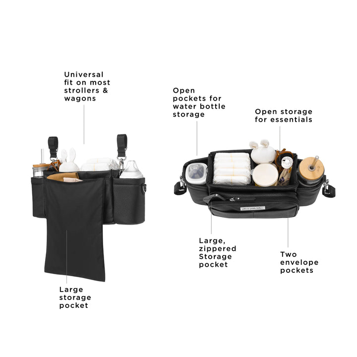 wander stroller caddy deluxe is a universal fit on most strollers and wagons, large storage pocket, open pockets for water bottle storage, large zippered storage pocket, open storage for essentials, two envelope pockets