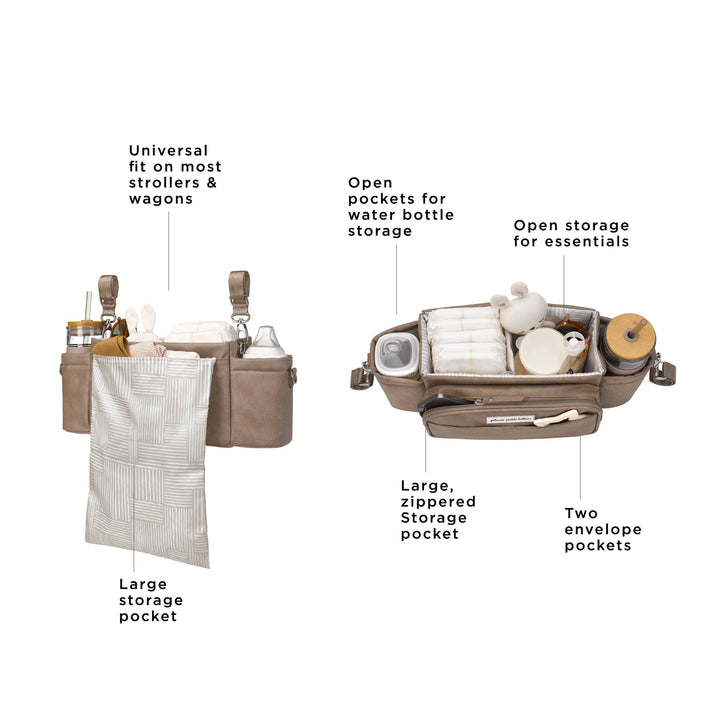 wander stroller caddy deluxe is a universal fit on most strollers and wagons, large storage pocket, open pockets for water bottle storage, large zippered storage pocket, open storage for essentials, two envelope pockets