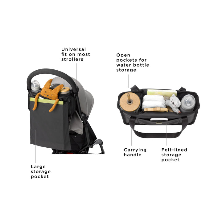 wander stroller caddy - universal fit on most strollers, large storage pocket, open pockets for water bottle storage, carrying handle, felt lined storage pocket