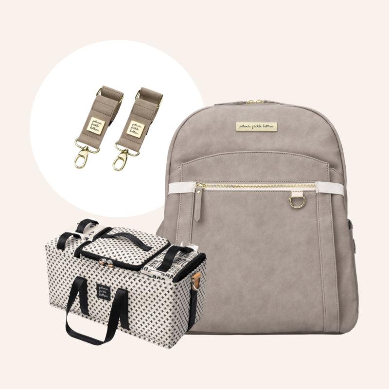 2-in-1 Provisions Backpack in Grey Matte Leatherette, Deluxe Kit & Stroller Clips Bundle-Diaper Bags-Petunia Pickle Bottom