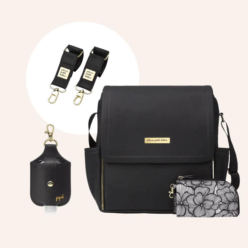 Boxy Backpack in Matte Black, Sanitizer Pouch & Stroller Clips Bundle-Diaper Bags-Petunia Pickle Bottom