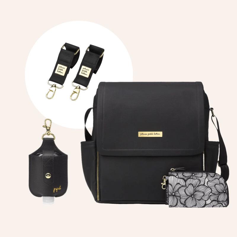 Boxy Backpack in Matte Black, Sanitizer Pouch & Stroller Clips Bundle