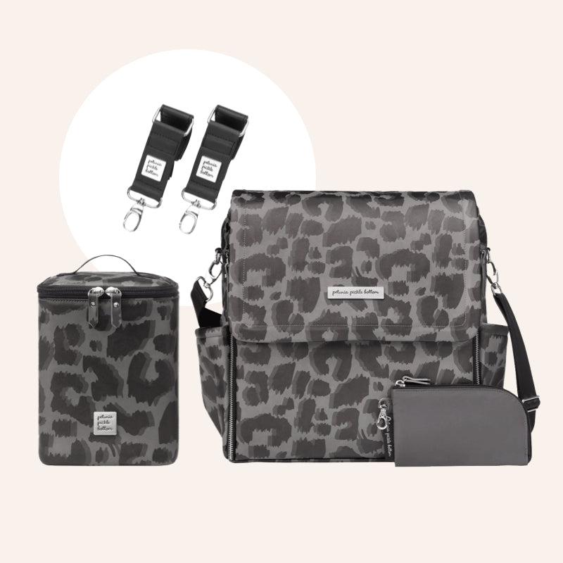 Boxy Backpack in Shadow Leopard, Cool Pixel & Valet Stroller Clips Bundle-Diaper Bags-Petunia Pickle Bottom