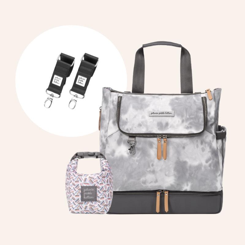 Pivot Pack in Smoke Swirl Tie-Dye, Snack Pouch, Stroller Clip Bundle-Diaper Bags-Petunia Pickle Bottom