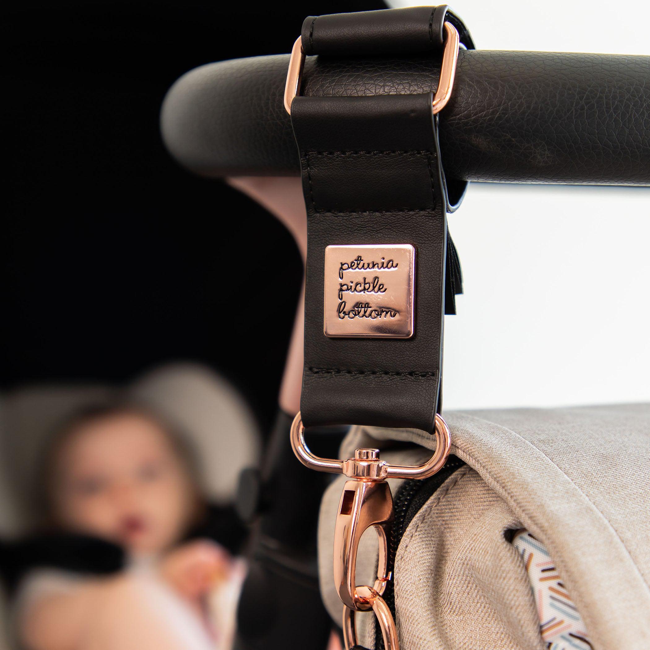 Valet Stroller Clips in Black Leatherette Rose Gold Petunia